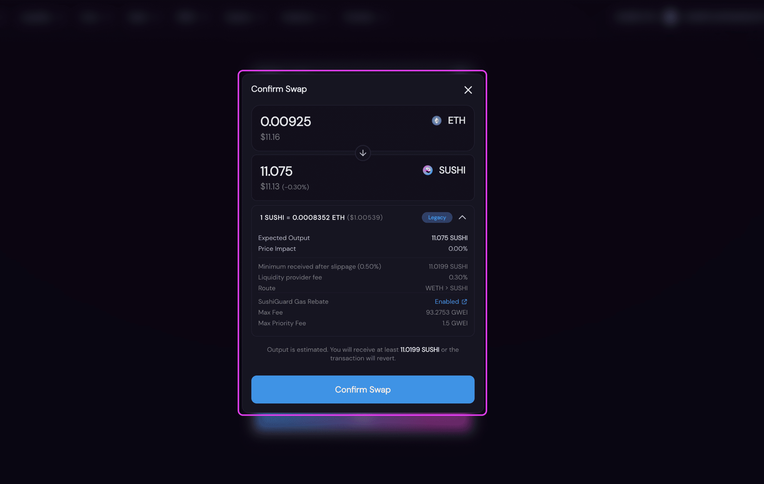 Sushiswap - Confirm Swap Detailed View